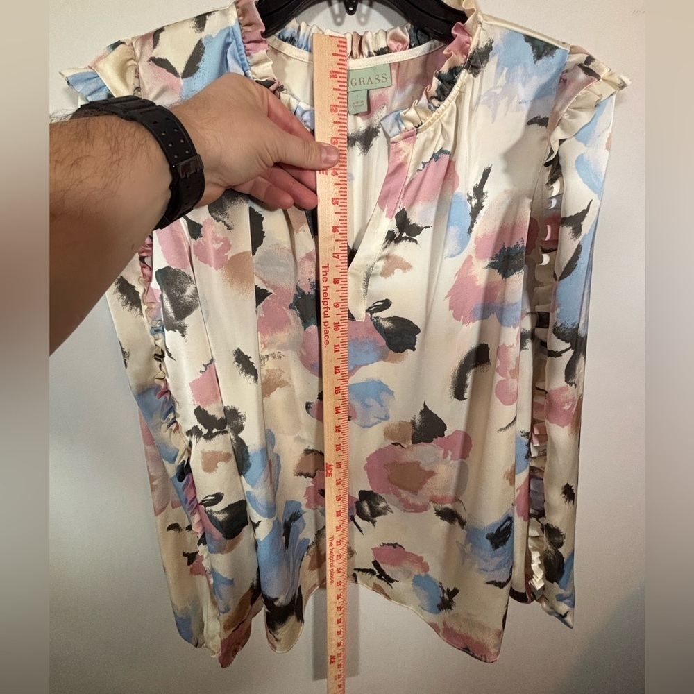 Ryegrass Watercolor Floral Ruffle Long Sleeve Blouse Size L - Picture 6 of 9